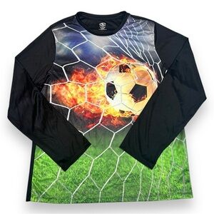 Athletic Works Boy’s Quick Dry Long Sleeve Soccer Graphic Tee Black Sz XL Husky